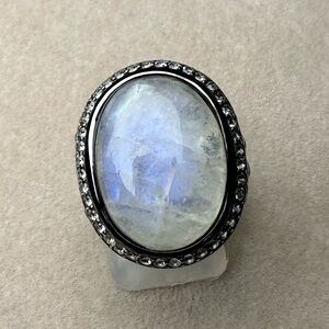 Rainbow Moonstone Sterling Ring Zirconia Halo Black Rhodium Sz 7.5